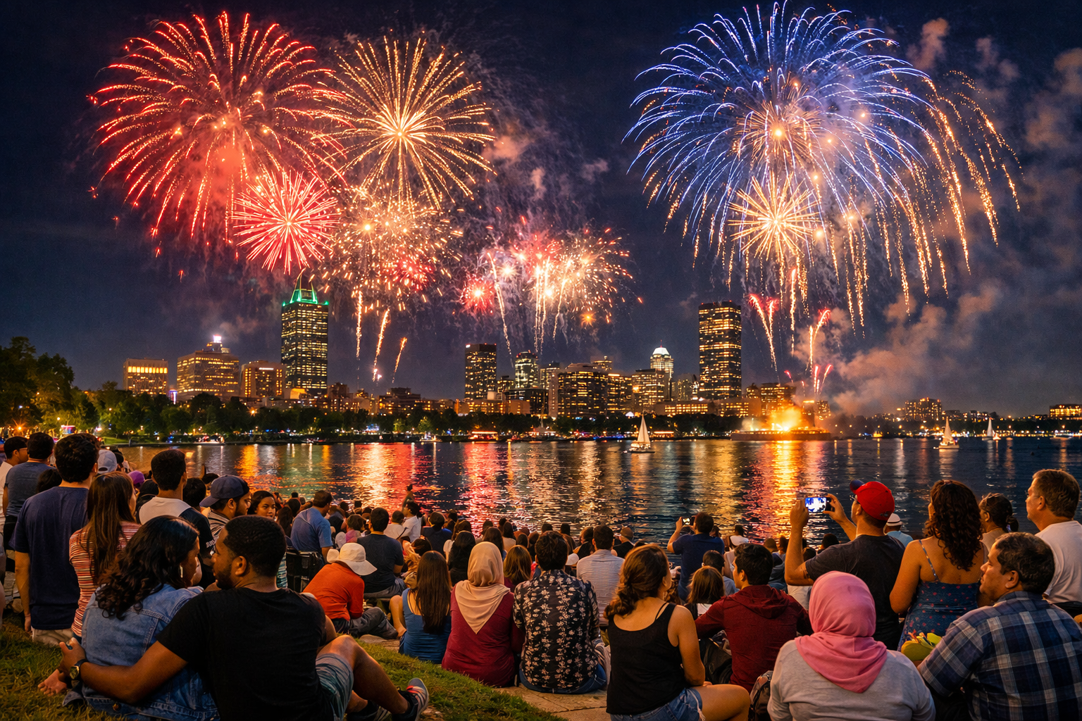 Fireworks over the Charles River during Boston Harborfest 2026 with crowds on the Esplanade.