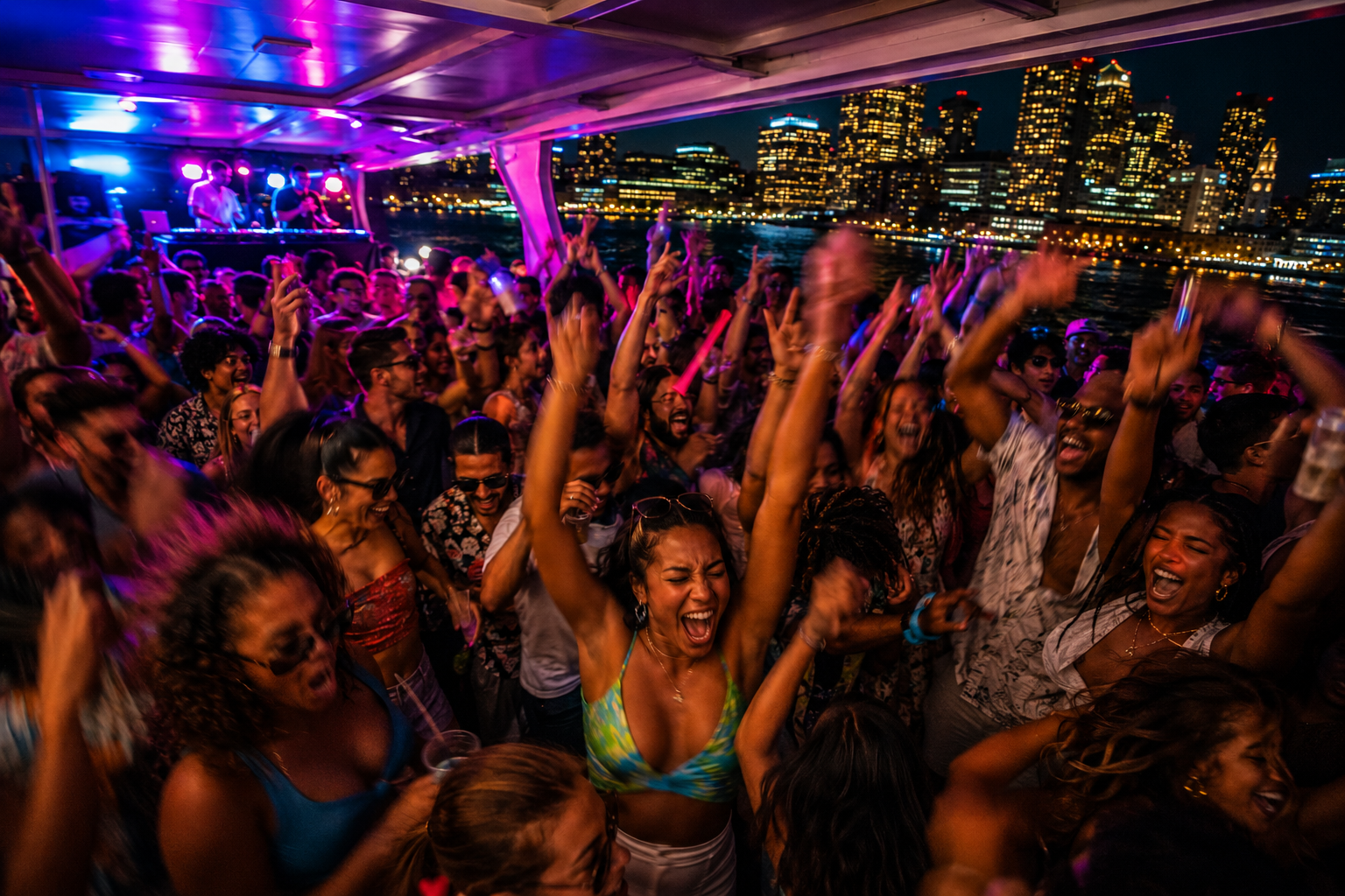 Crowd jumping and dancing during a high‑energy music drop on a Boston Harbor cruise for the Boat Bounce Check challenge.