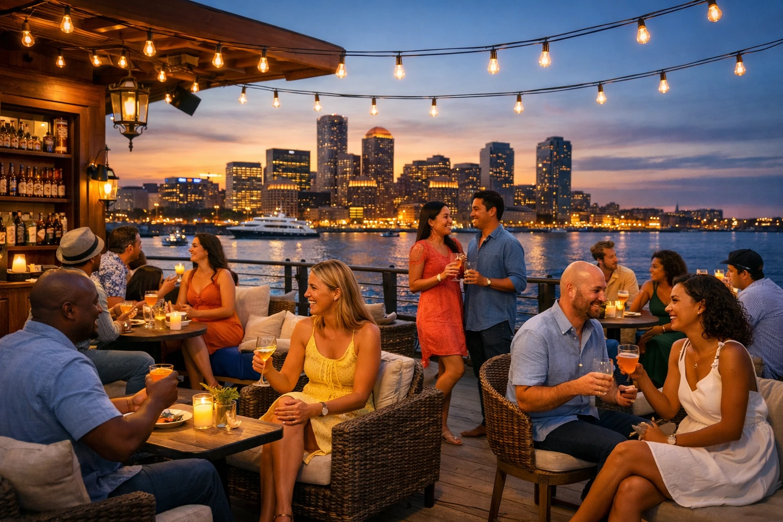 Guests relaxing with cocktails on The Nautilus Pier 4 Patio Lounge overlooking the Boston waterfront at sunset.