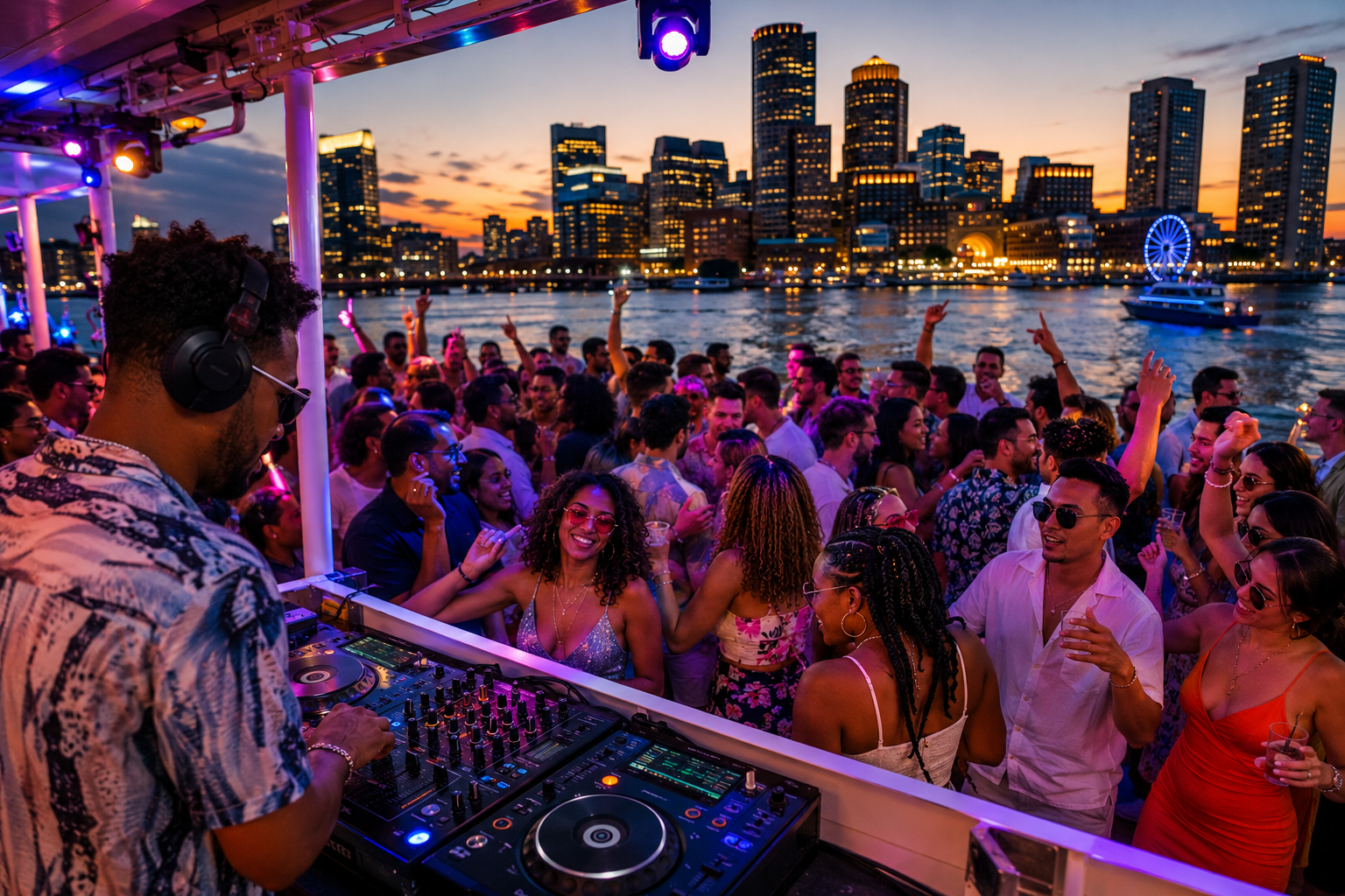 DJ playing upbeat summer music on a neon‑lit boat deck during a sunset cruise.
